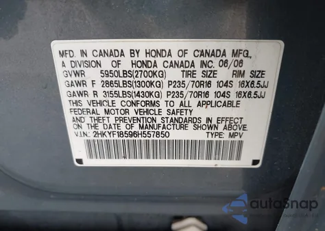 2006 Honda Pilot Ex-L from USA, damaged, VIN 2HKYF18596H557850